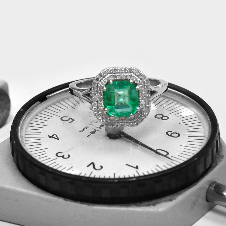 Double Halo Square Emerald &amp; Diamonds Ring