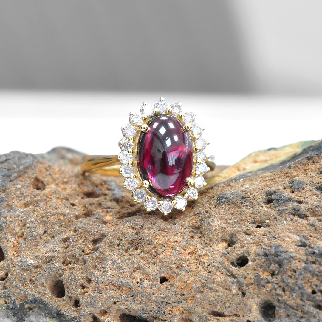 Cabochon Red Garnet and diamonds Halo Ring