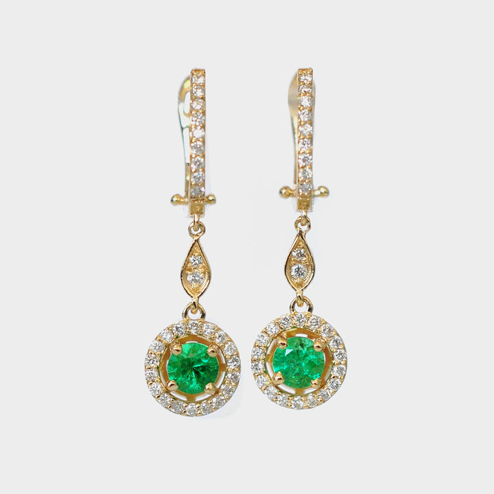 Round Emeralds and Halo Diamonds Earrings