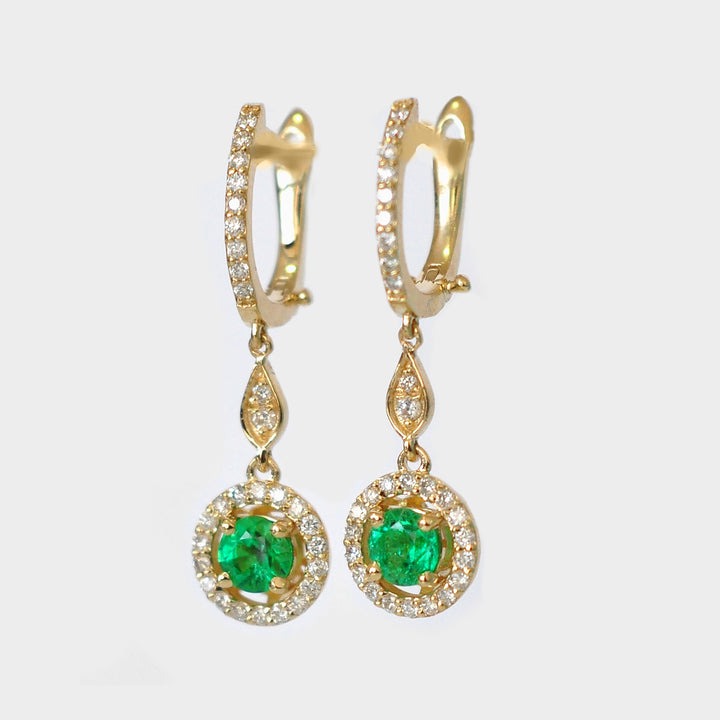 Round Emeralds and Halo Diamonds Earrings