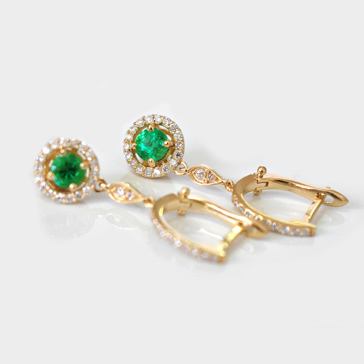 Round Emeralds and Halo Diamonds Earrings