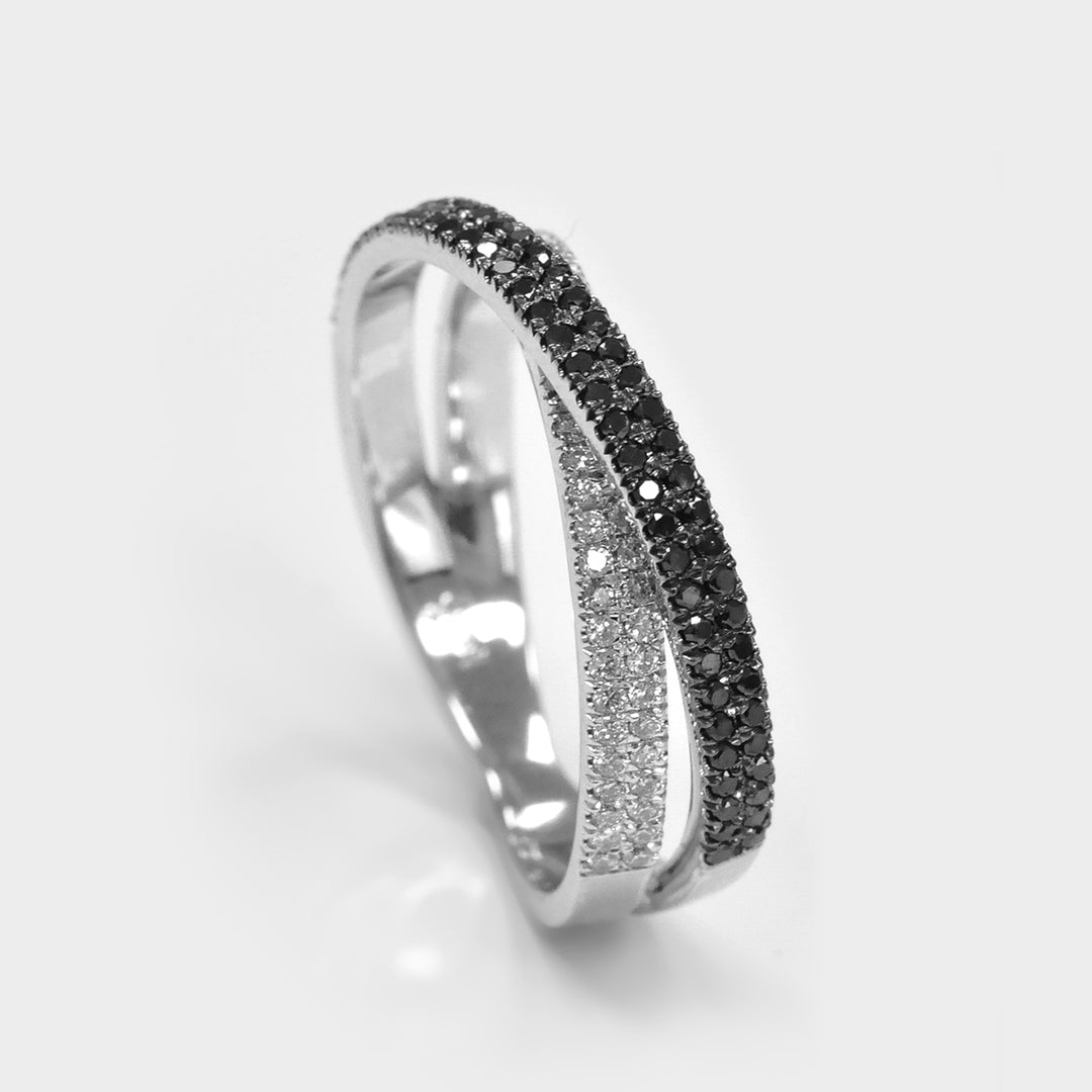 White and Black 2 rows Pave Diamonds Ring