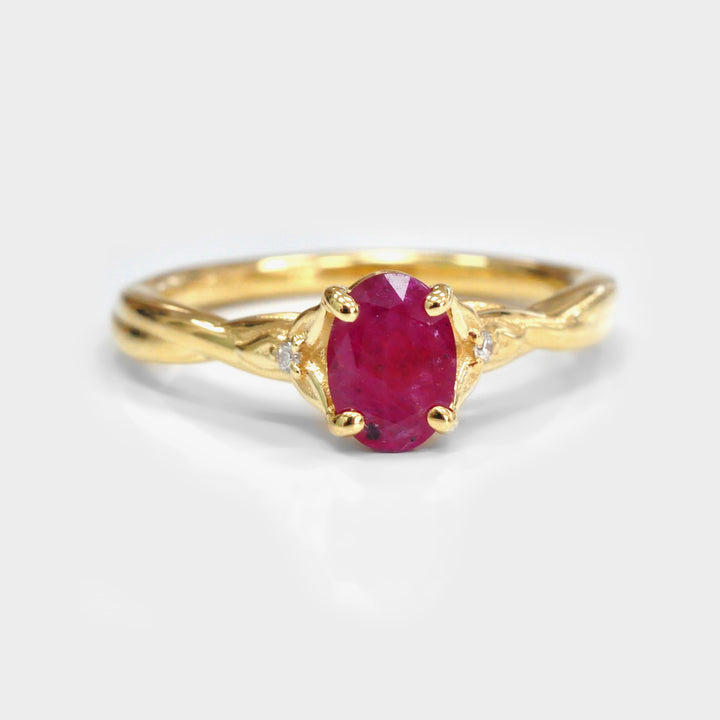 Ruby and Two small Side Diamonds Ring in 18K Yellow Gold