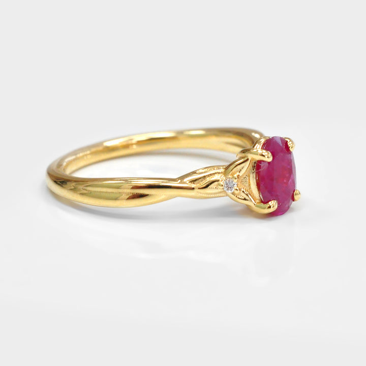 Ruby and Two small Side Diamonds Ring in 18K Yellow Gold