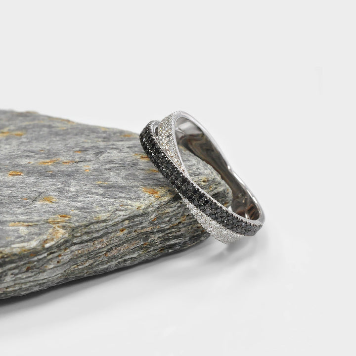 White and Black 2 rows Pave Diamonds Ring