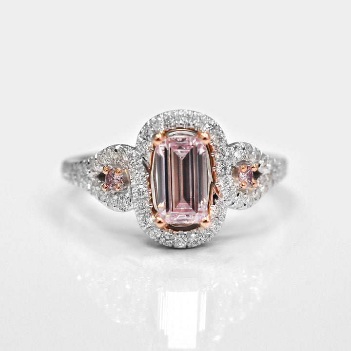 Fancy Baguette Cut Pink Diamond 3 Stones Halo Ring