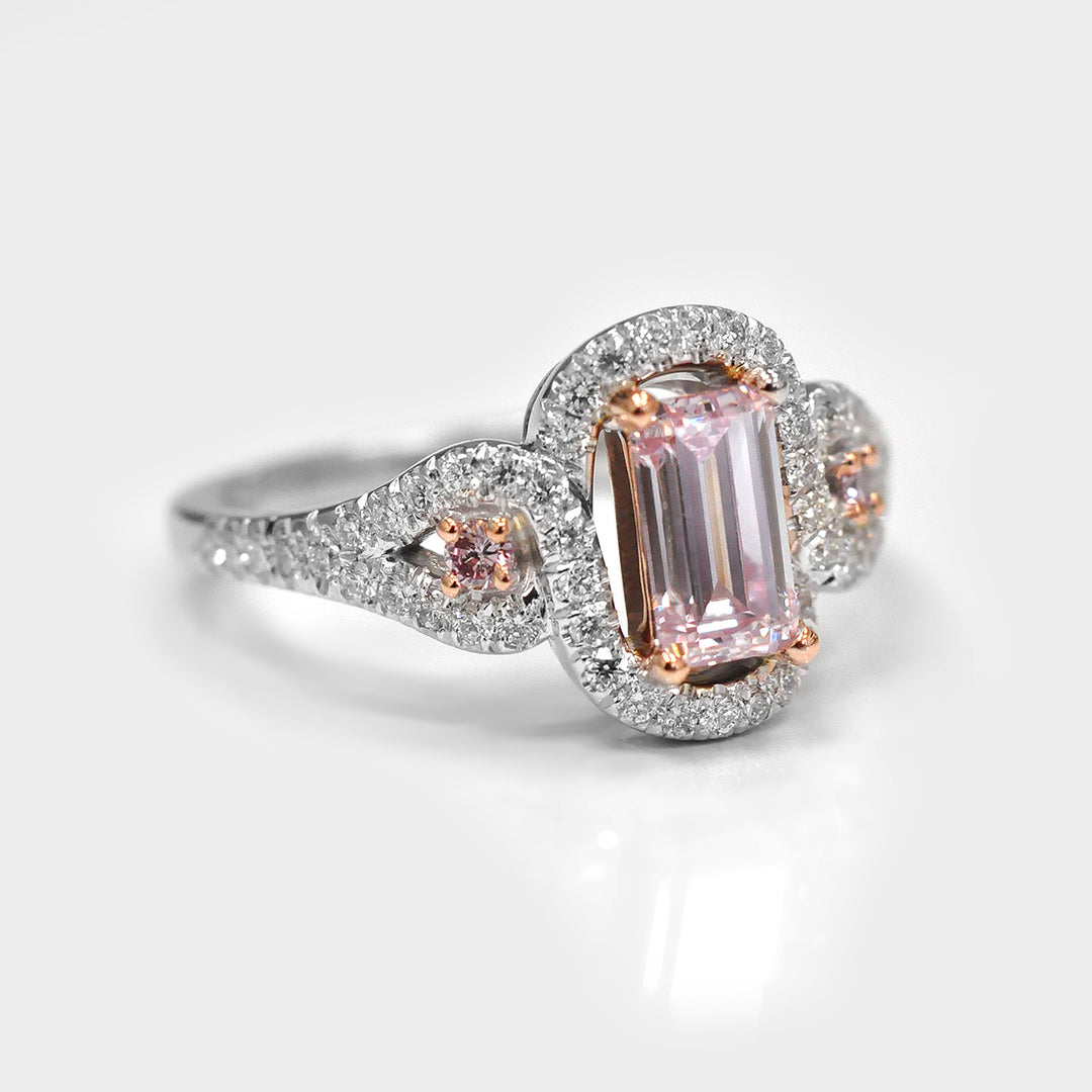 Fancy Baguette Cut Pink Diamond 3 Stones Halo Ring