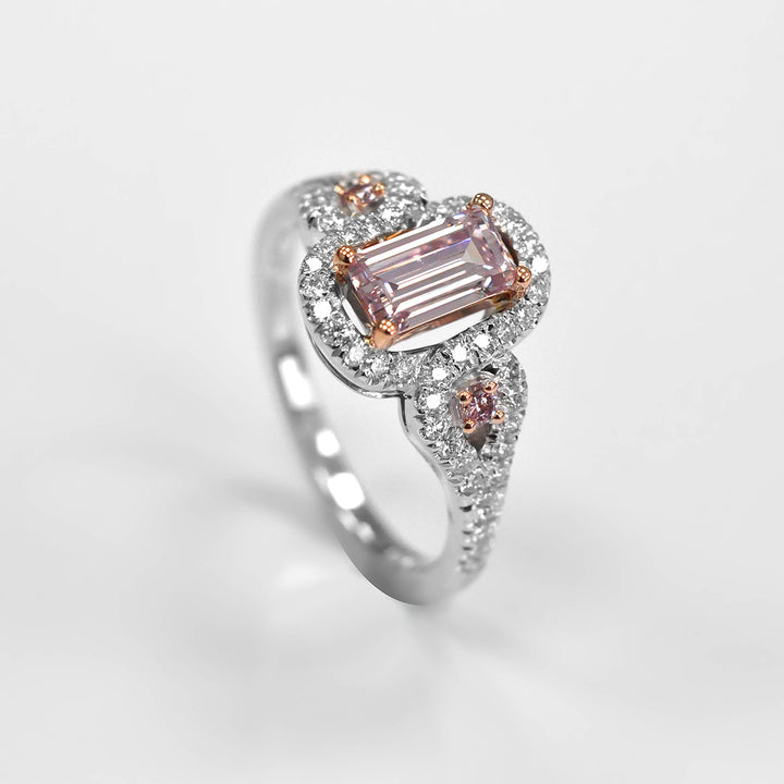 Fancy Baguette Cut Pink Diamond 3 Stones Halo Ring