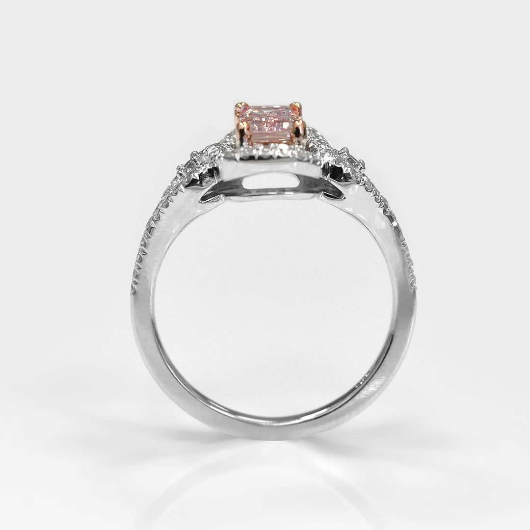 Fancy Baguette Cut Pink Diamond 3 Stones Halo Ring