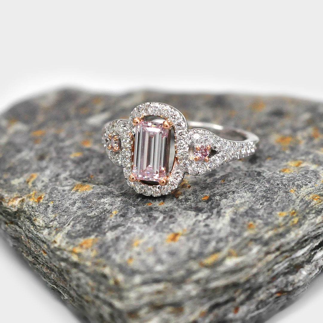 Fancy Baguette Cut Pink Diamond 3 Stones Halo Ring