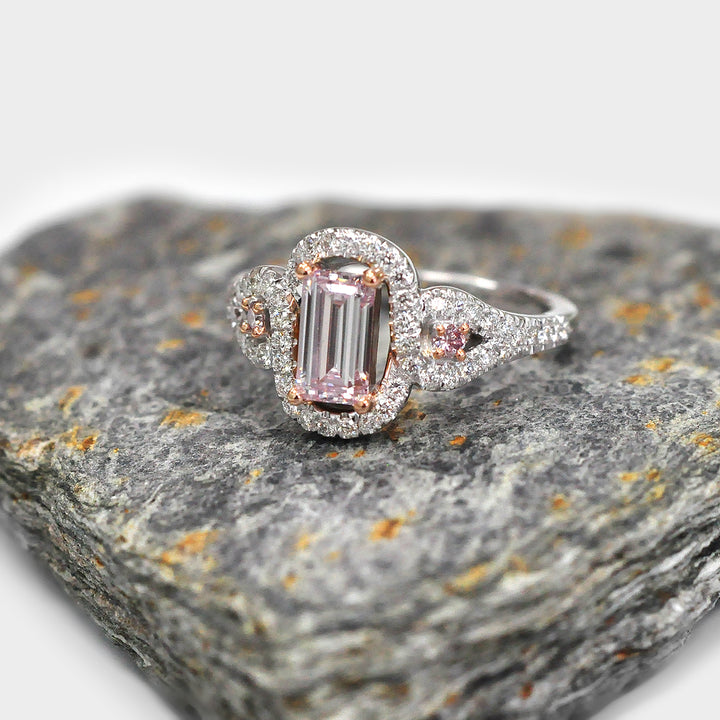 Fancy Baguette Cut Pink Diamond 3 Stones Halo Ring