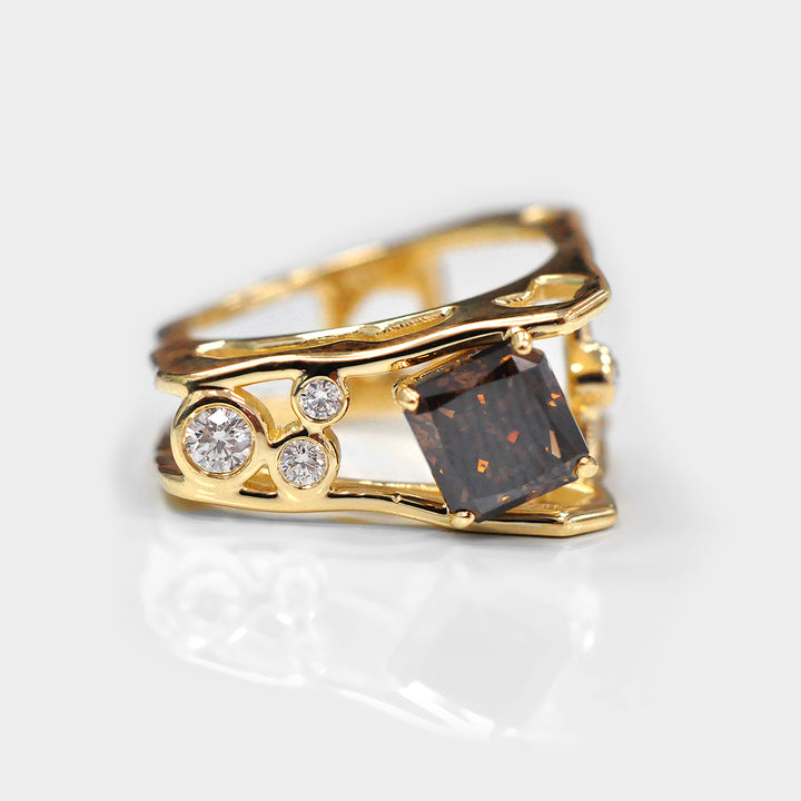 Deep Orange Diamond and Side Diamonds Ring Unique Design