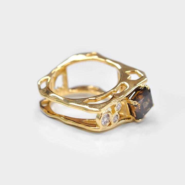 Deep Orange Diamond and Side Diamonds Ring Unique Design