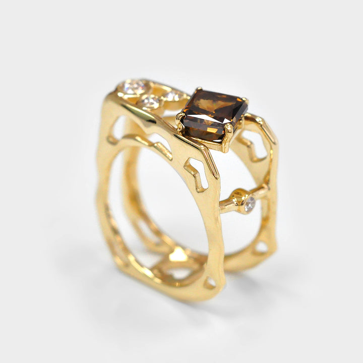 Deep Orange Diamond and Side Diamonds Ring Unique Design