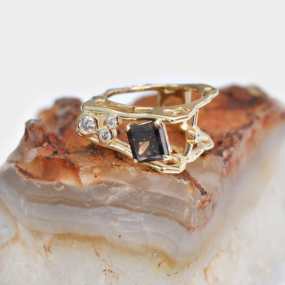 Deep Orange Diamond and Side Diamonds Ring Unique Design