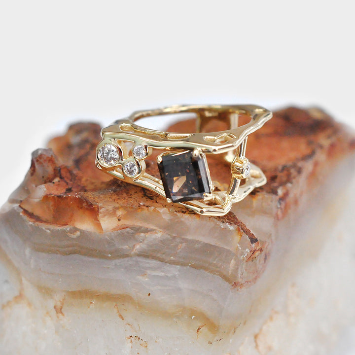 Deep Orange Diamond and Side Diamonds Ring Unique Design