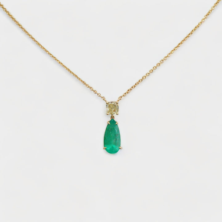 Colombian Emerald and Cushion Side Diamond Pendant in Yellow Gold