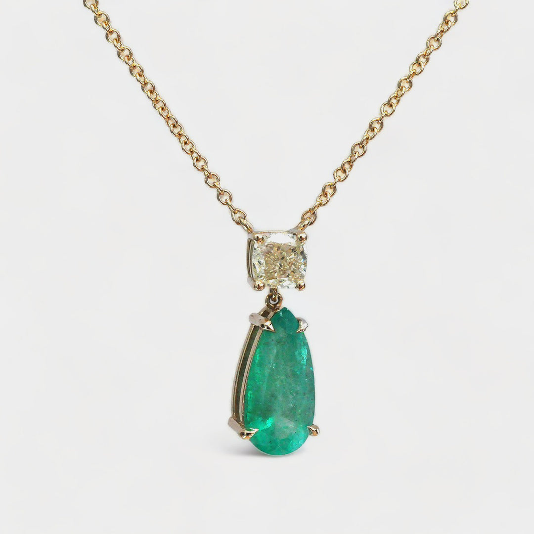 Colombian Emerald and Cushion Side Diamond Pendant in Yellow Gold
