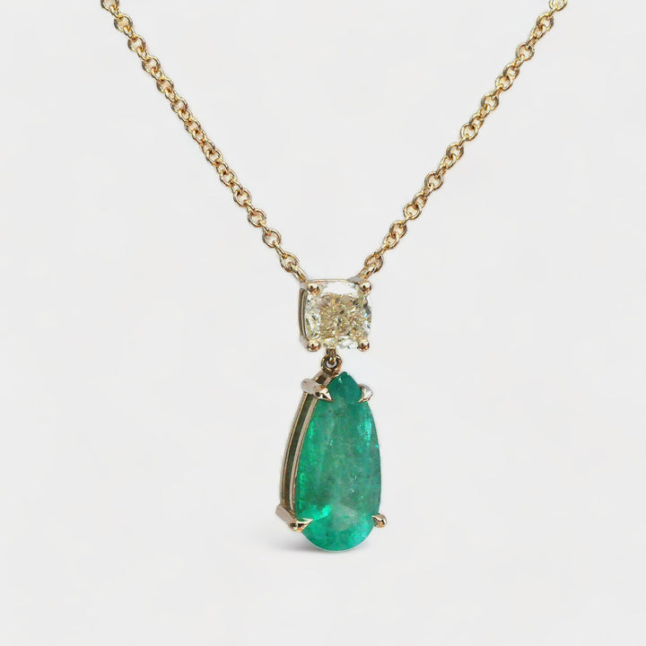 Colombian Emerald and Cushion Side Diamond Pendant in Yellow Gold