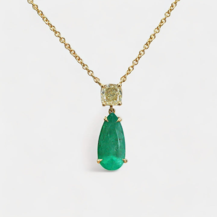 Colombian Emerald and Cushion Side Diamond Pendant in Yellow Gold