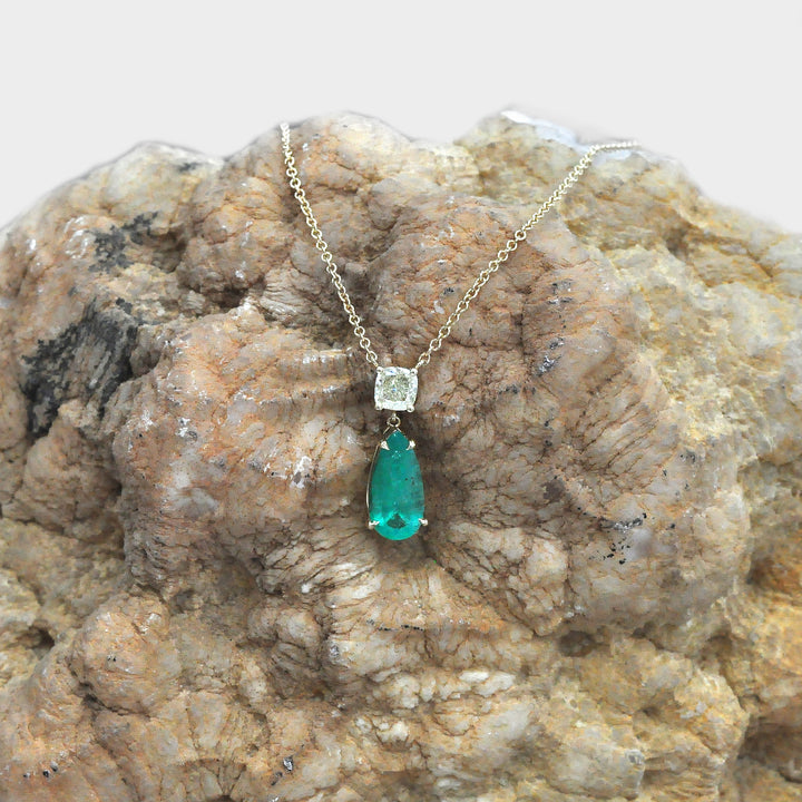 Colombian Emerald and Cushion Side Diamond Pendant in Yellow Gold