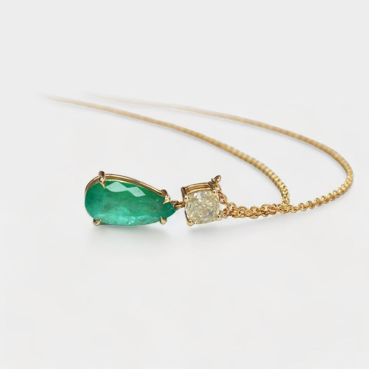 Colombian Emerald and Cushion Side Diamond Pendant in Yellow Gold