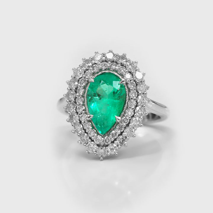 Double Halo Pear shape Emerald &amp; Diamonds Ring