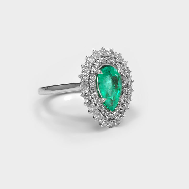 Double Halo Pear shape Emerald &amp; Diamonds Ring