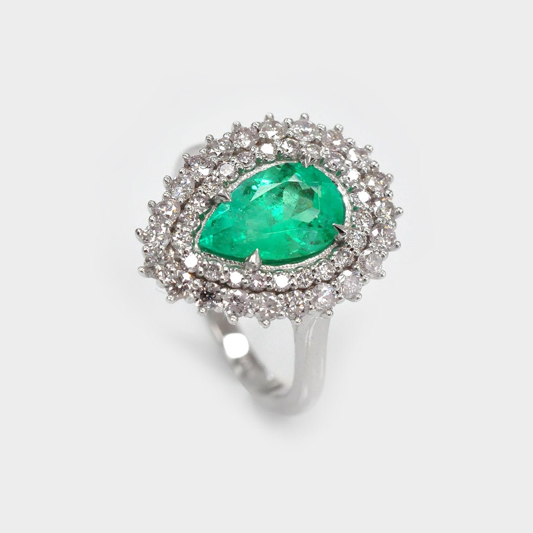 Double Halo Pear shape Emerald &amp; Diamonds Ring