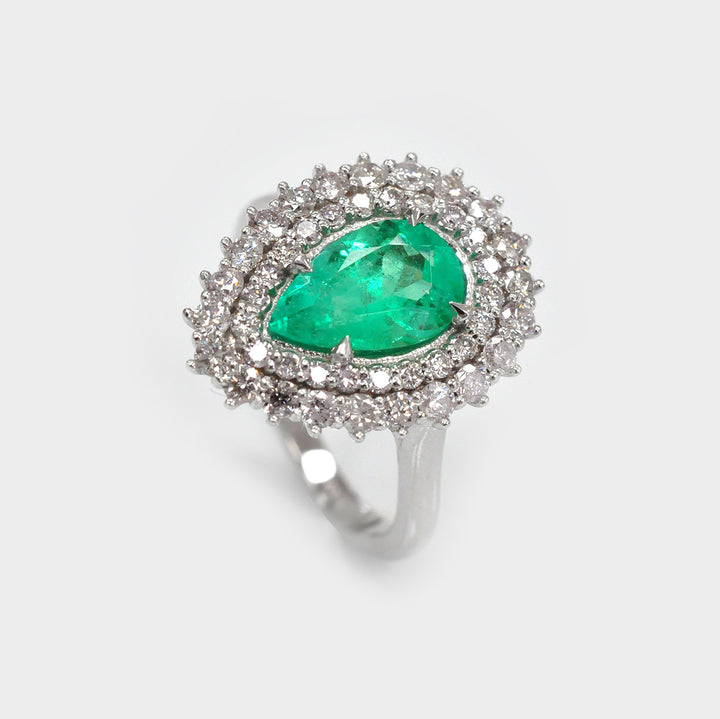 Double Halo Pear shape Emerald &amp; Diamonds Ring