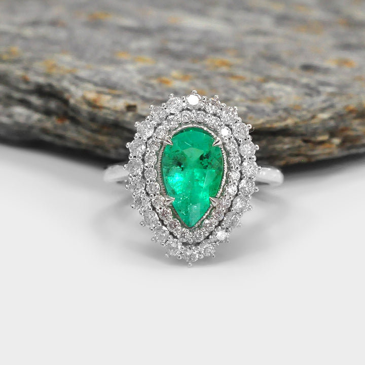 Double Halo Pear shape Emerald &amp; Diamonds Ring