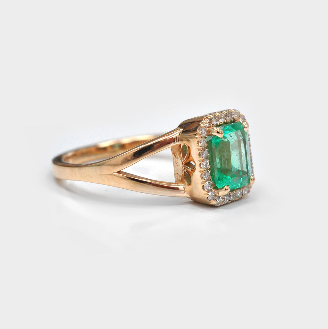 Green Emerald Split Shank And Diamonds Halo Rose Gold Ring