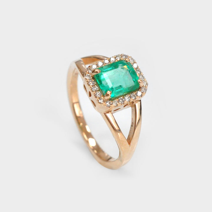 Green Emerald Split Shank And Diamonds Halo Rose Gold Ring