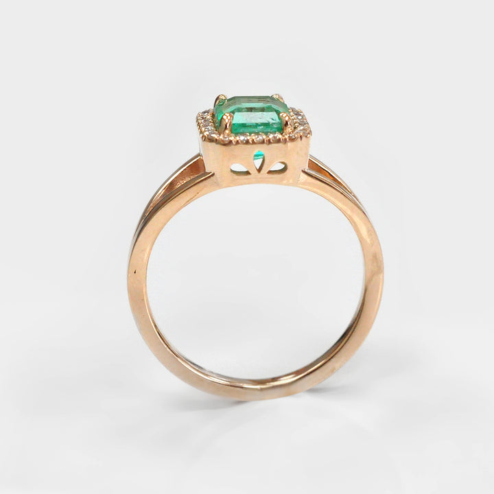 Green Emerald Split Shank And Diamonds Halo Rose Gold Ring