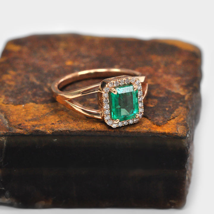 Green Emerald Split Shank And Diamonds Halo Rose Gold Ring