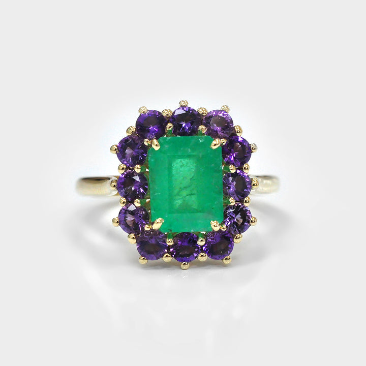 Emerald and Amethyst yellow gold Halo Ring