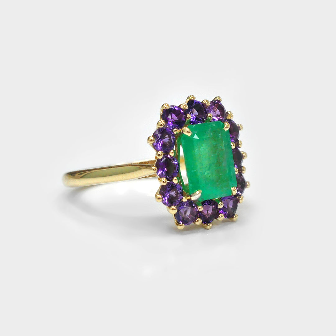 Emerald and Amethyst yellow gold Halo Ring