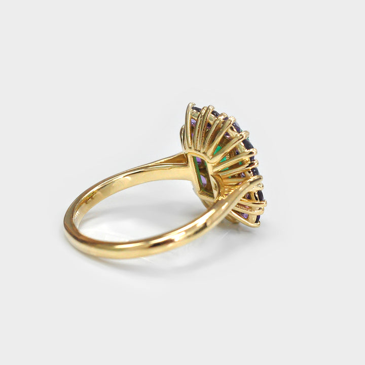 Emerald and Amethyst yellow gold Halo Ring