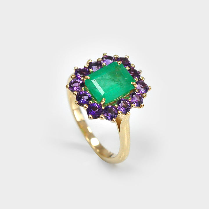 Emerald and Amethyst yellow gold Halo Ring
