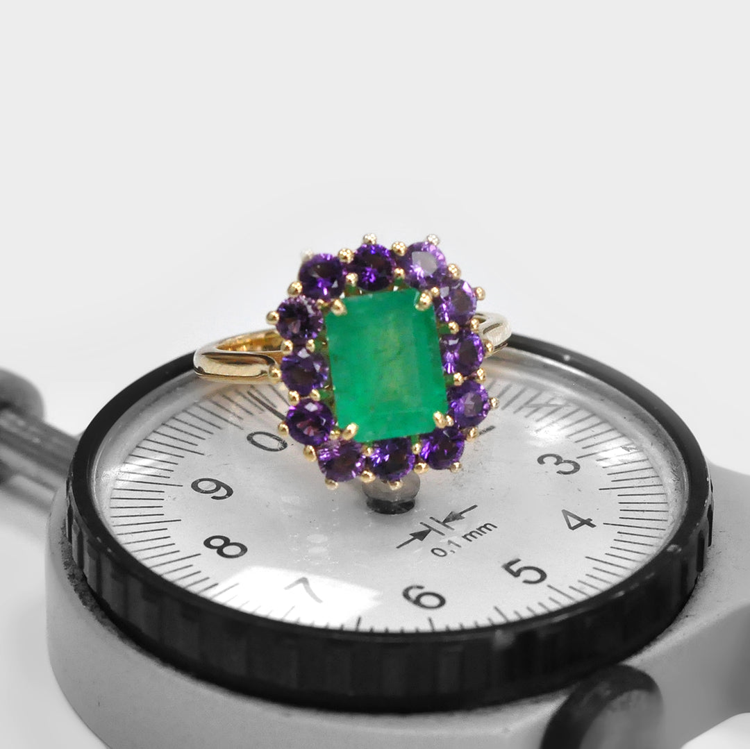 Emerald and Amethyst yellow gold Halo Ring