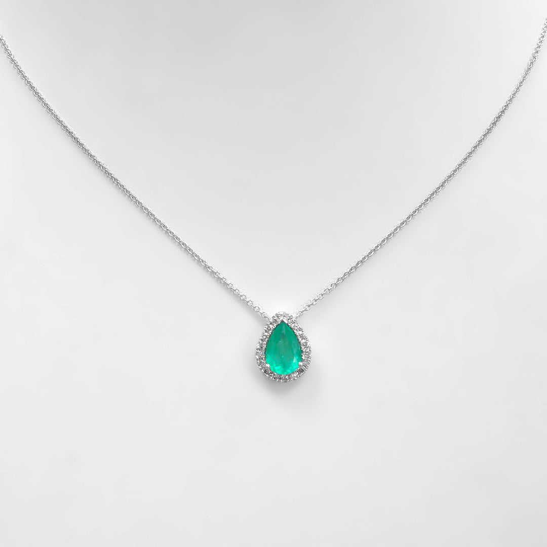 Drop Green Emerald &amp; Diamonds White Gold Halo Pendant