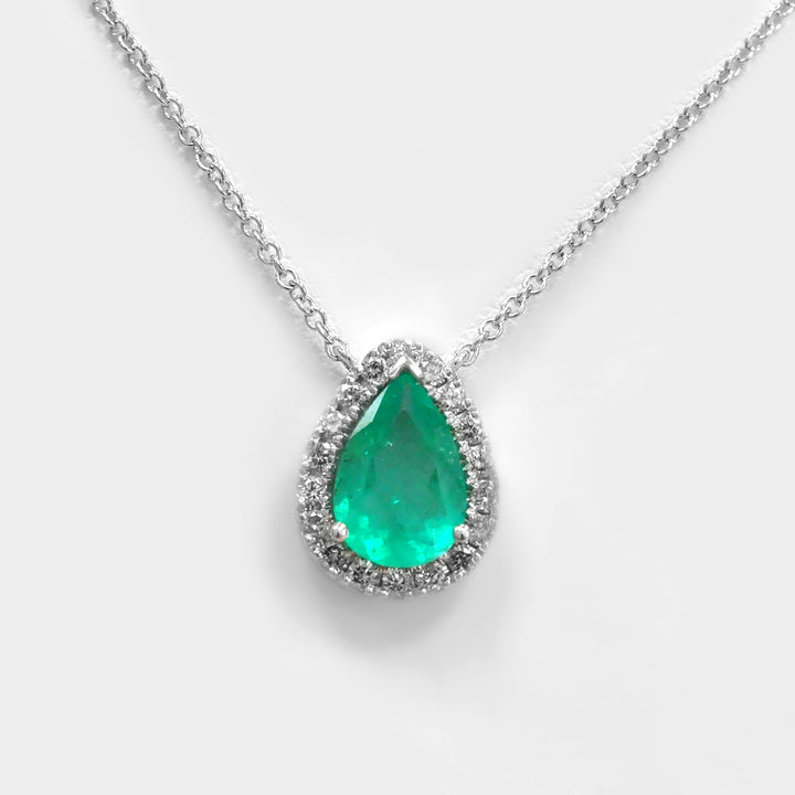 Drop Green Emerald &amp; Diamonds White Gold Halo Pendant