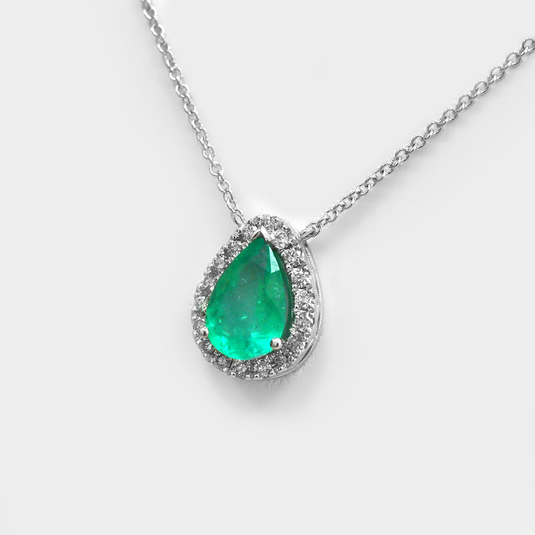Drop Green Emerald &amp; Diamonds White Gold Halo Pendant