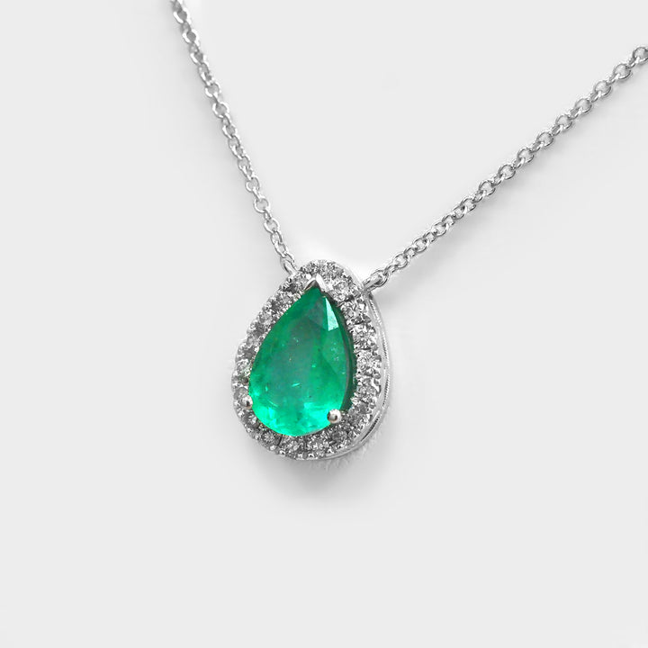 Drop Green Emerald &amp; Diamonds White Gold Halo Pendant