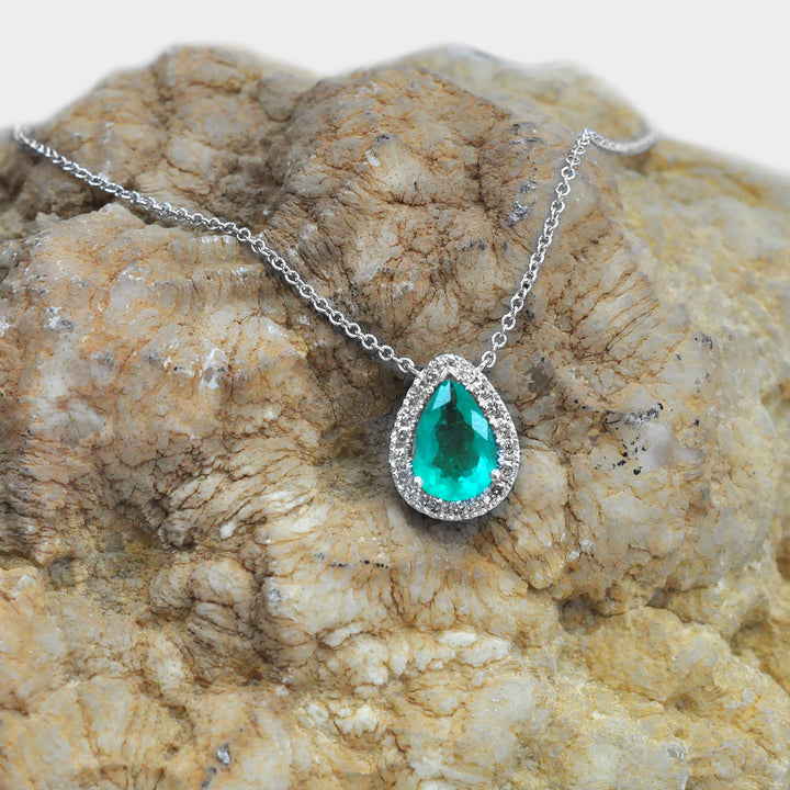 Drop Green Emerald &amp; Diamonds White Gold Halo Pendant
