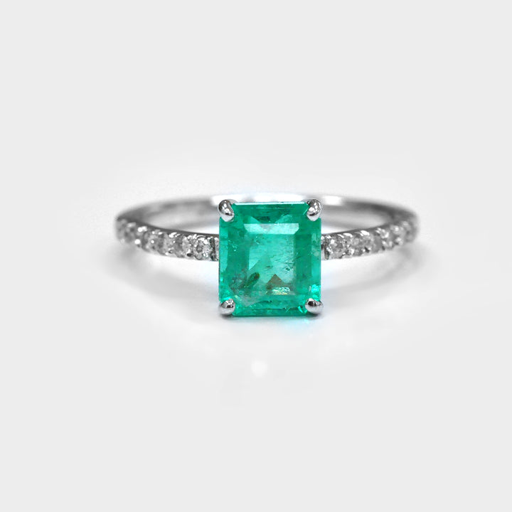 Green Emerald and Side Diamonds White Gold Engagement Ring
