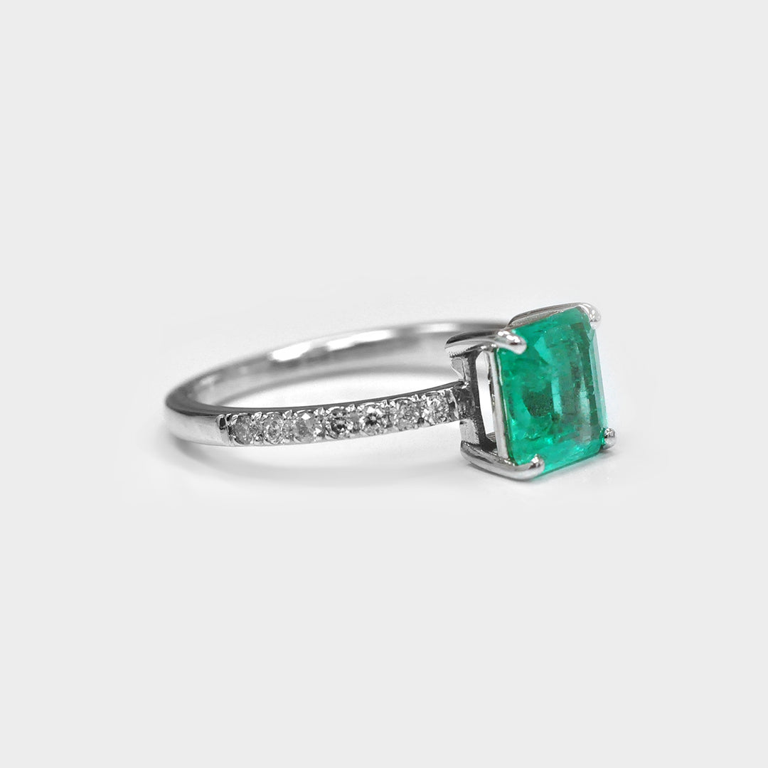 Green Emerald and Side Diamonds White Gold Engagement Ring