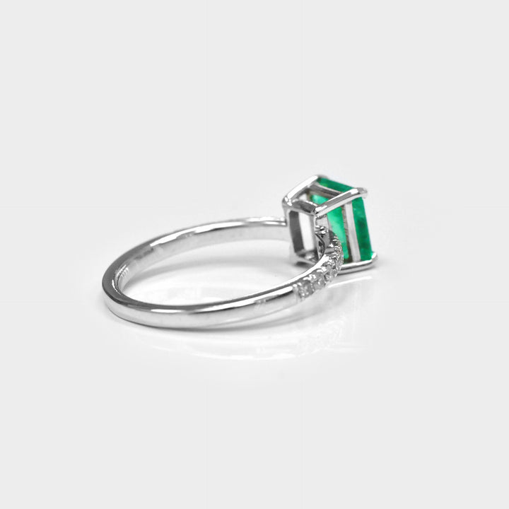 Green Emerald and Side Diamonds White Gold Engagement Ring