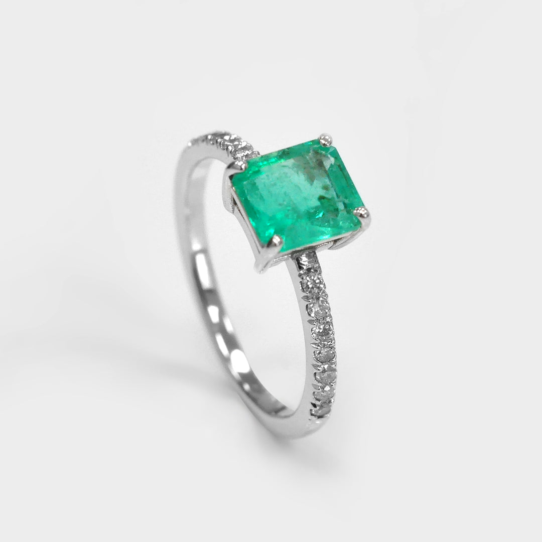 Green Emerald and Side Diamonds White Gold Engagement Ring
