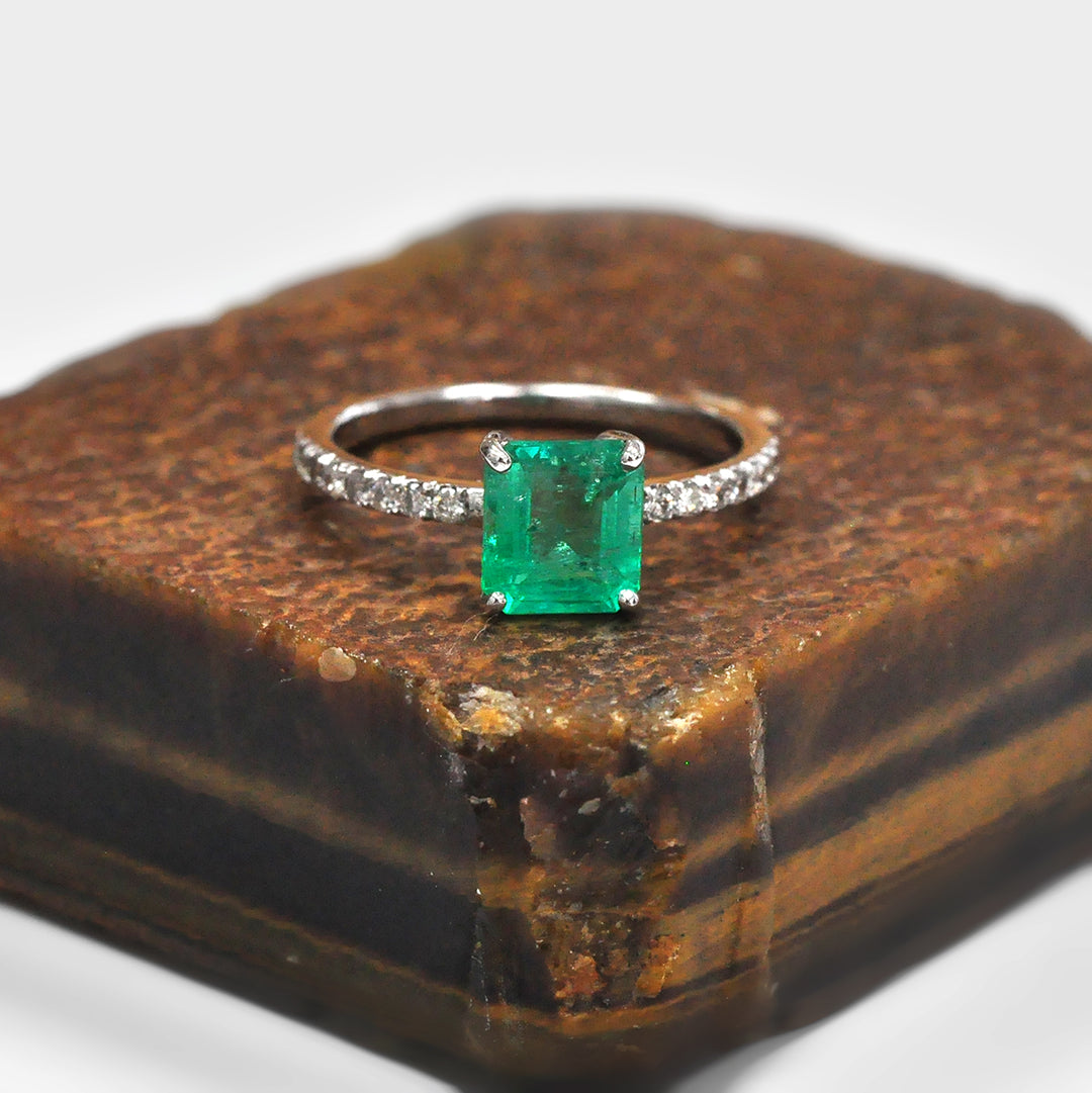 Green Emerald and Side Diamonds White Gold Engagement Ring